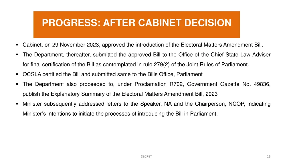 progress after cabinet decision