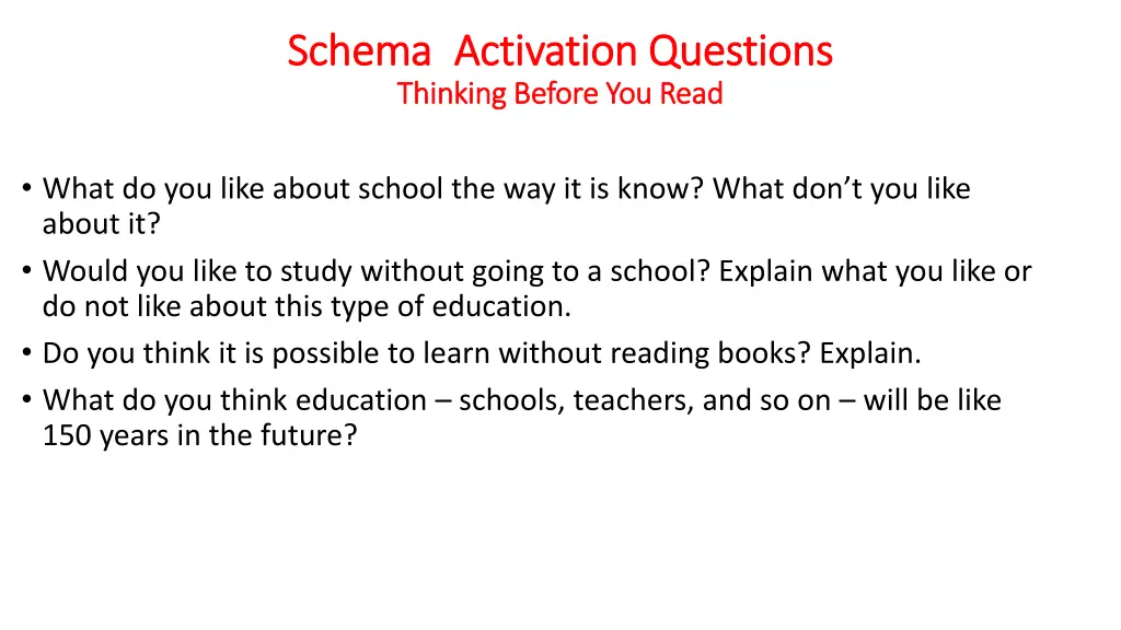 schema schema activation questions activation