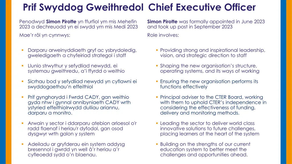 prif swyddog gweithredol chief executive officer