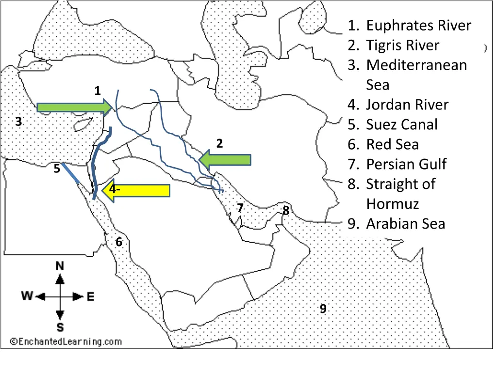 1 euphrates river 2 tigris river 3 mediterranean