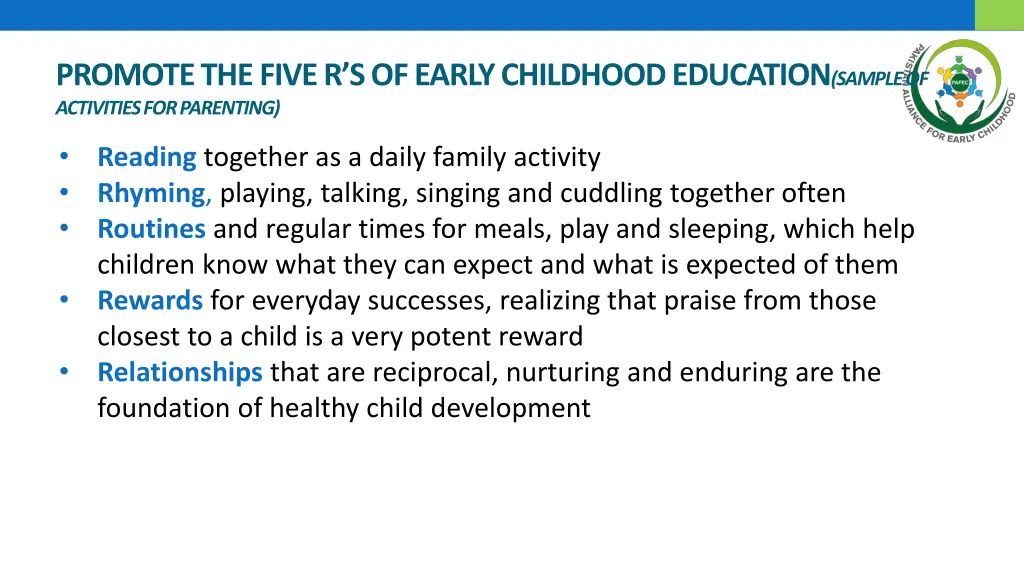 promote the five r s of early childhood education