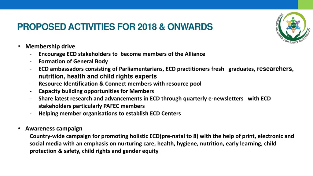 proposed activities for 2018 onwards