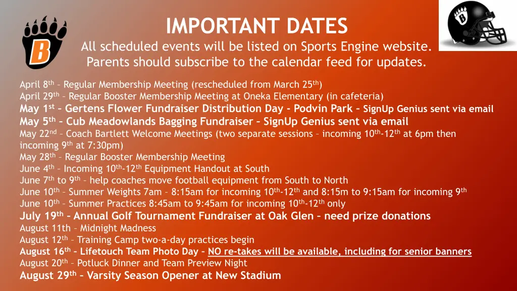 important dates all scheduled events will