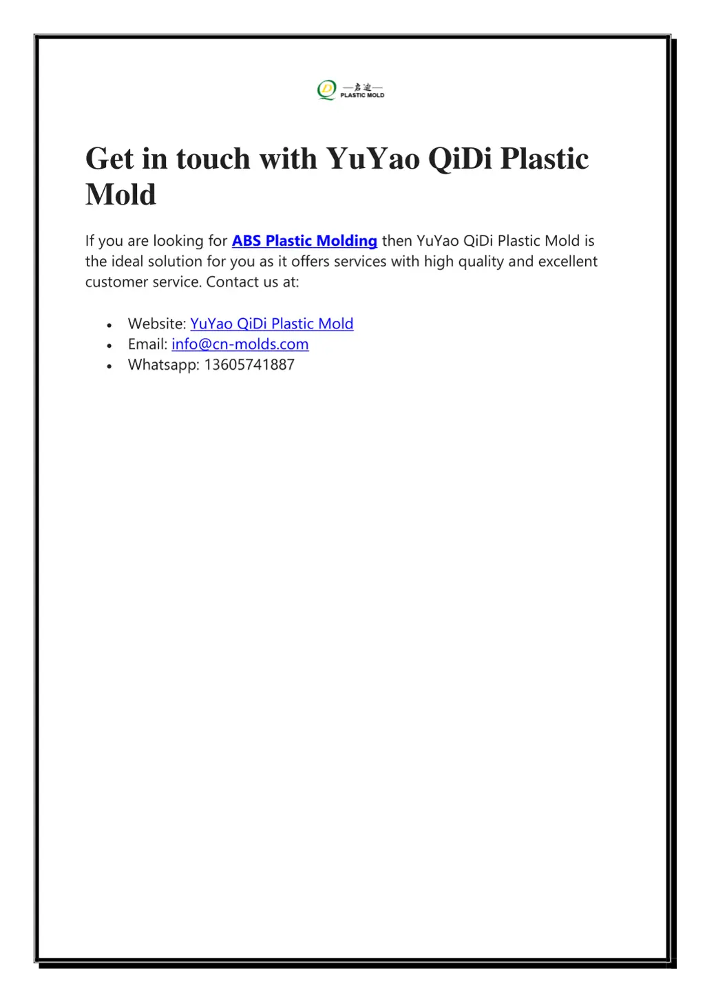 get in touch with yuyao qidi plastic mold