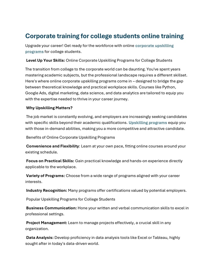 corporate training for college students online