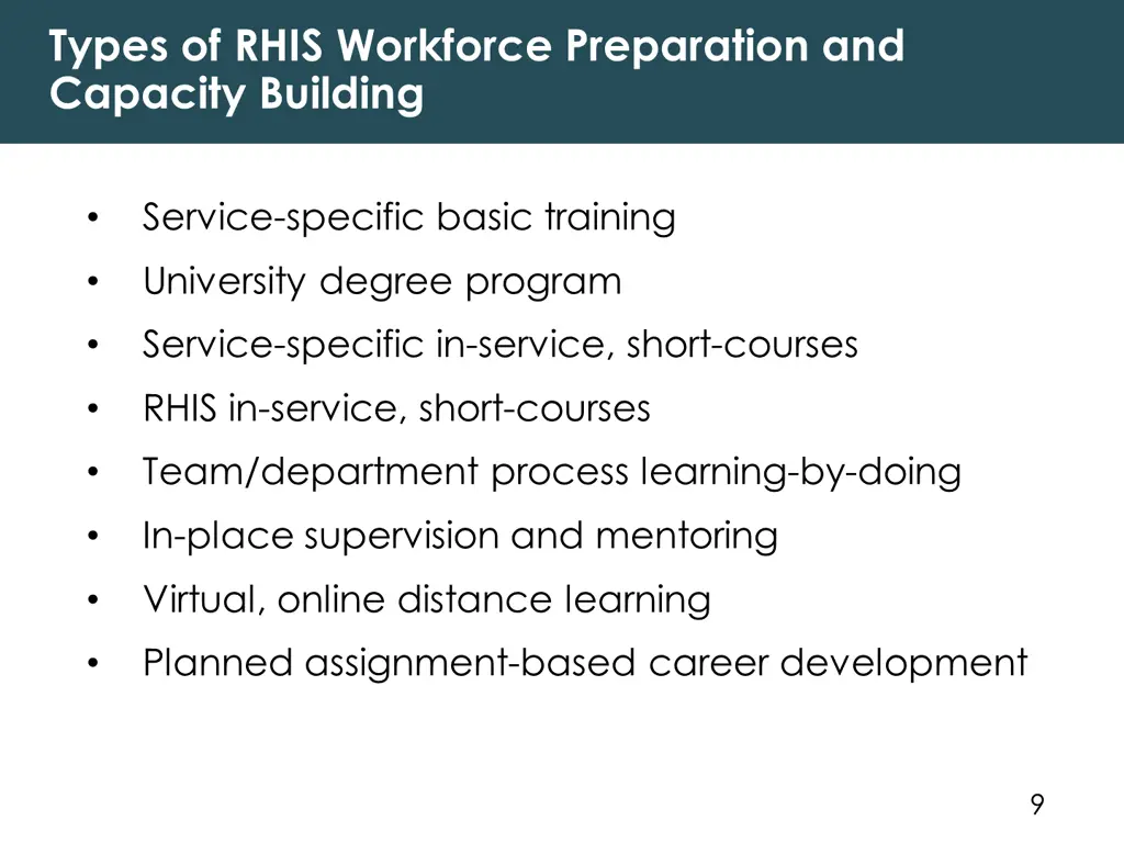 types of rhis workforce preparation and capacity