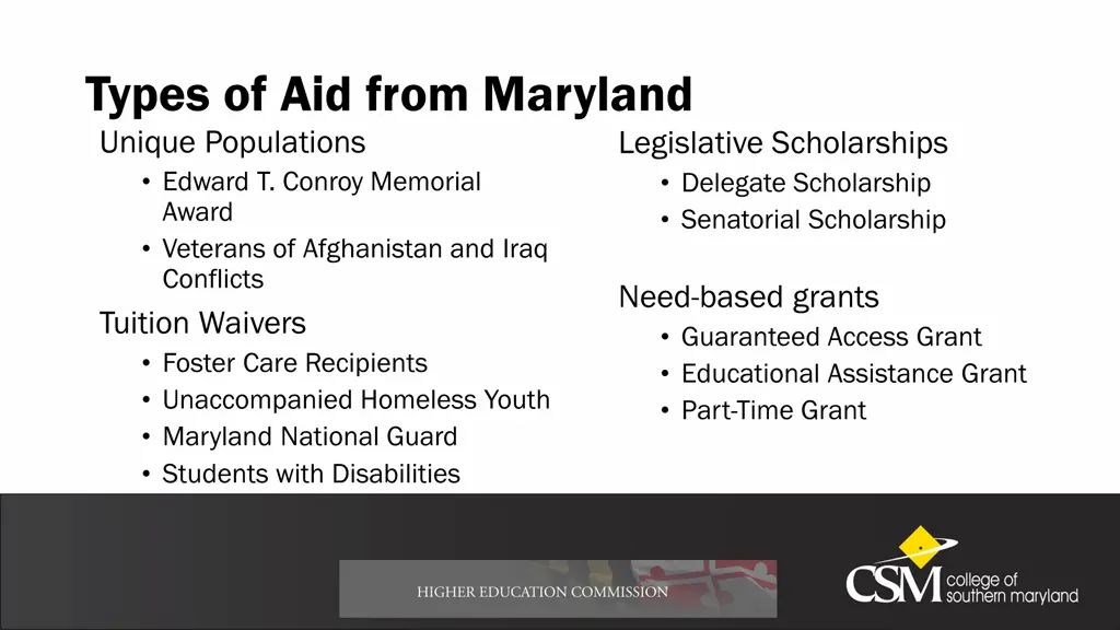 types of aid from maryland unique populations