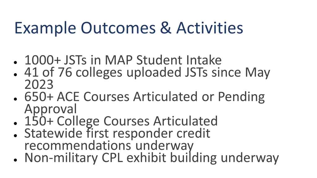 example outcomes activities