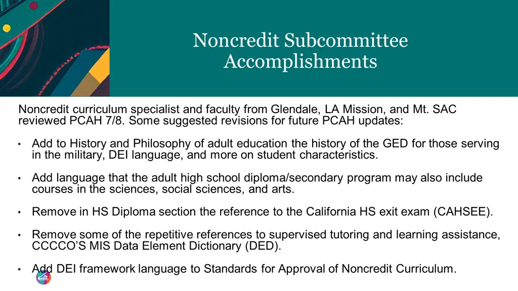 noncredit subcommittee accomplishments