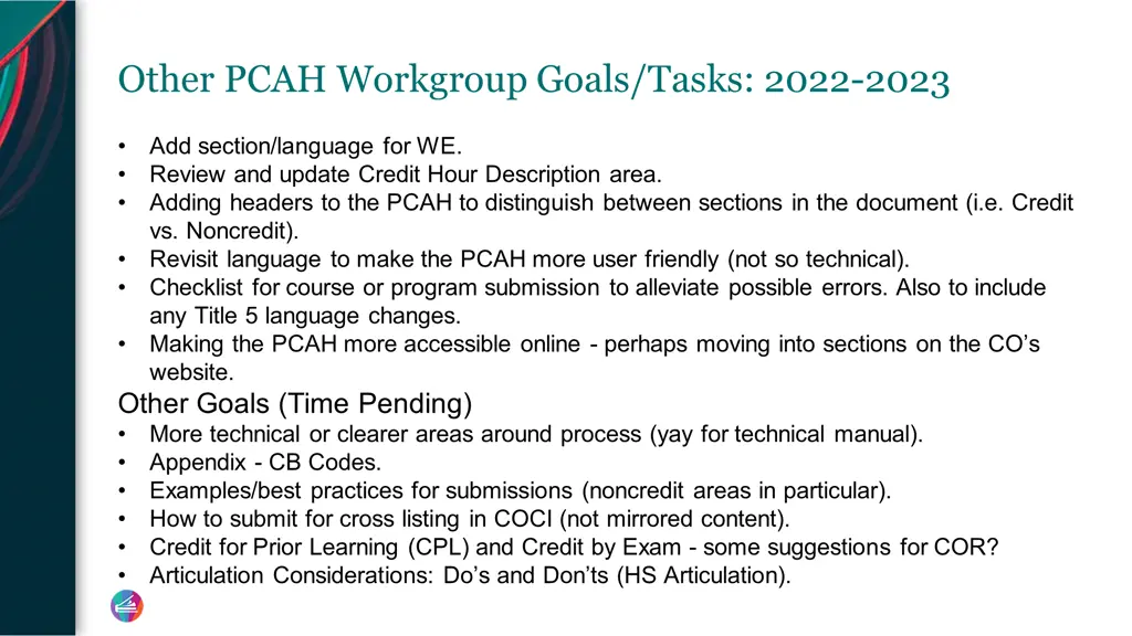 other pcah workgroup goals tasks 2022 2023