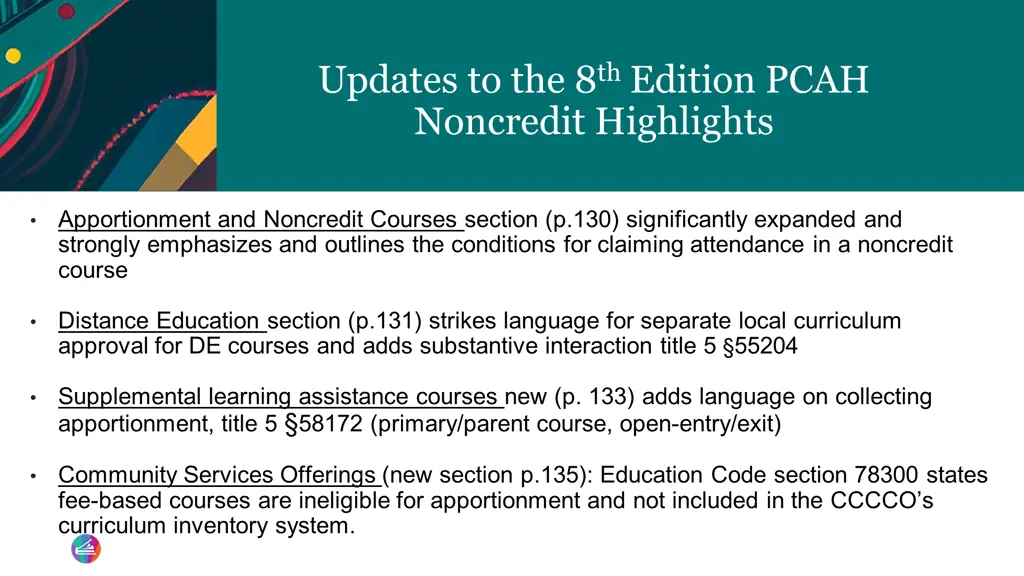 updates to the 8 th edition pcah noncredit