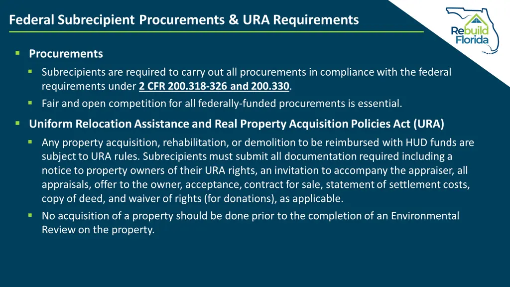 federal subrecipient procurements ura requirements