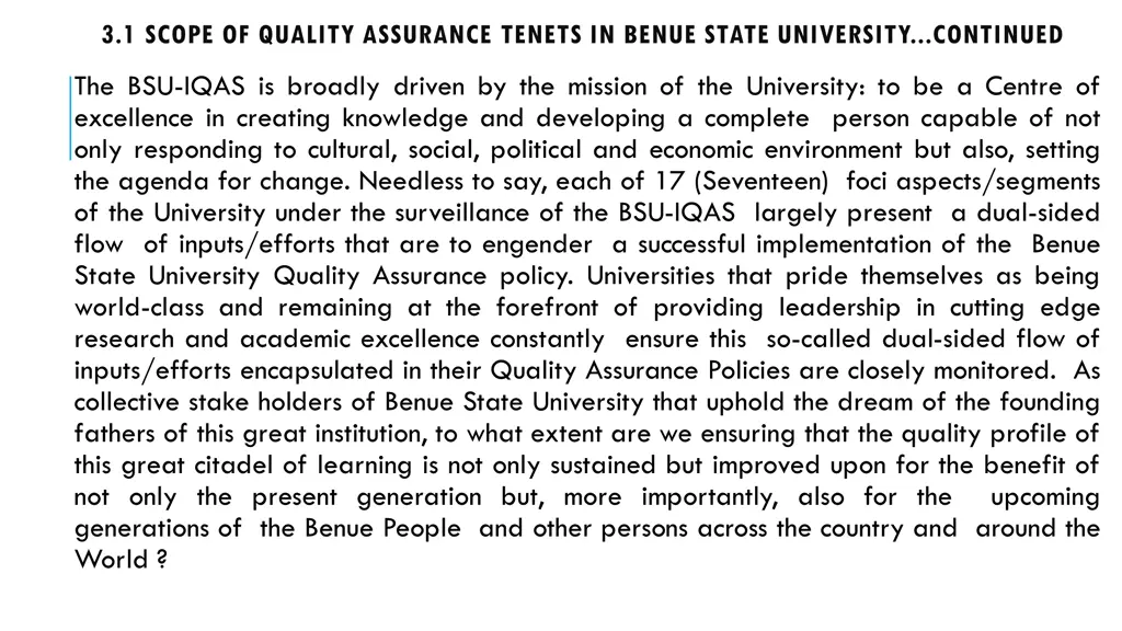 3 1 scope of quality assurance tenets in benue