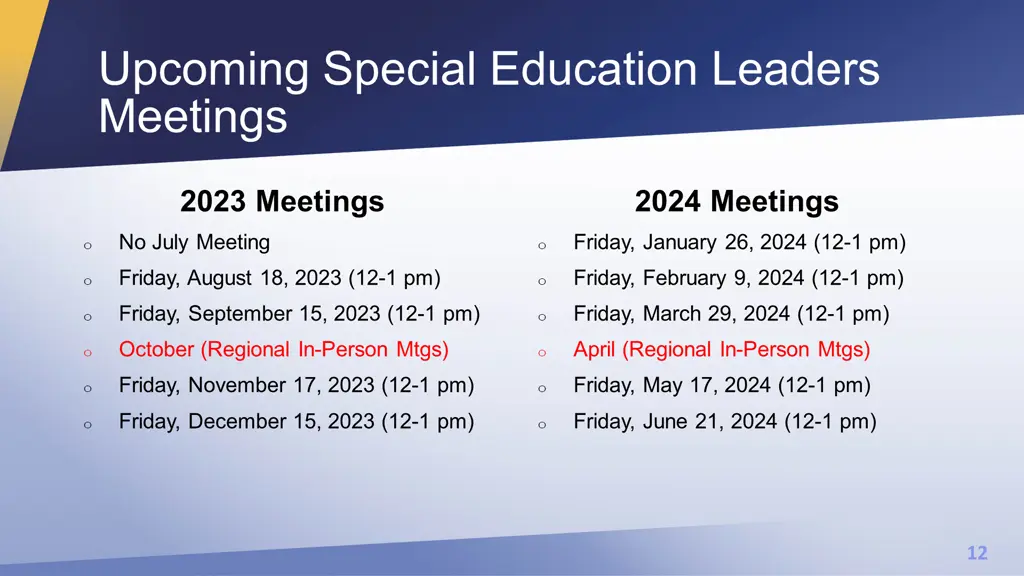 upcoming special education leaders meetings