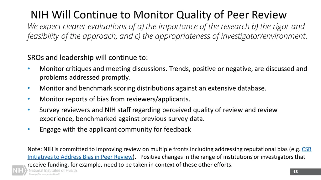 nih will continue to monitor quality of peer