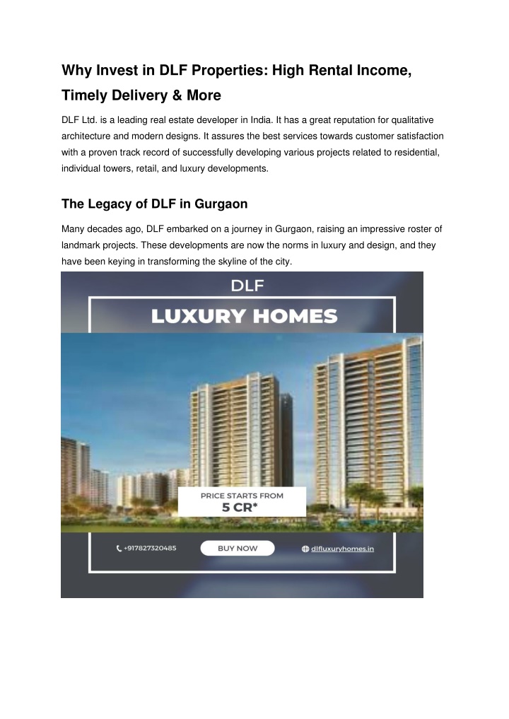 why invest in dlf properties high rental income