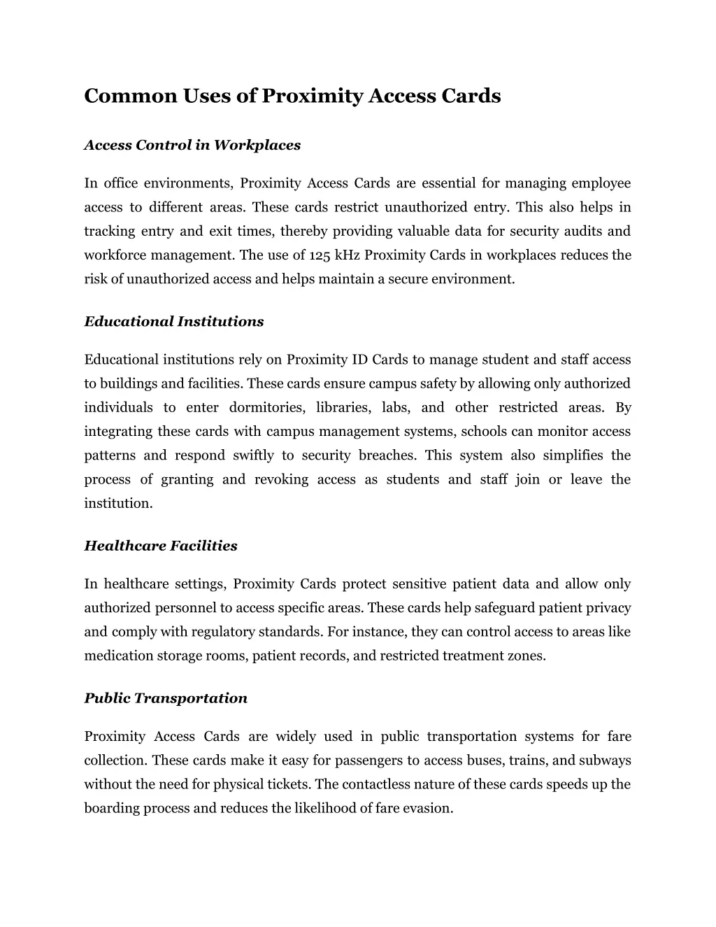 common uses of proximity access cards