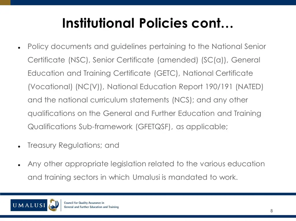 institutional policies cont