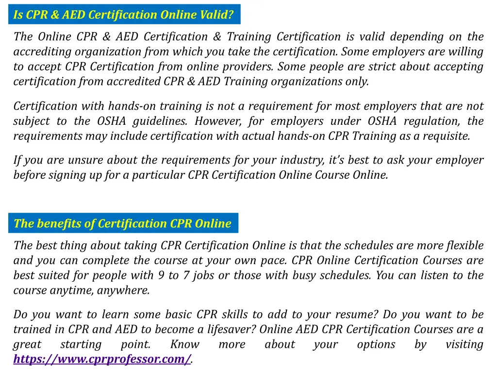 is cpr aed certification online valid 1