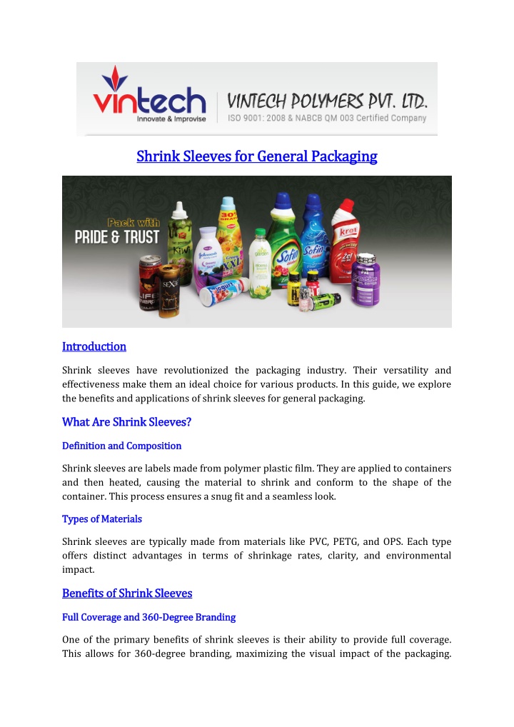 shrink sleeves for general packaging shrink