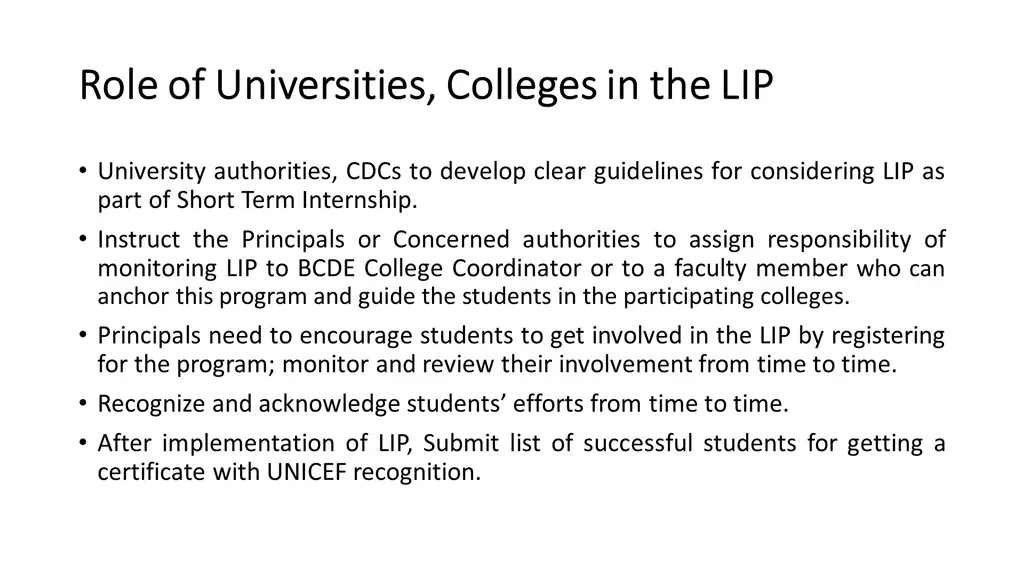 role of universities colleges in the lip role