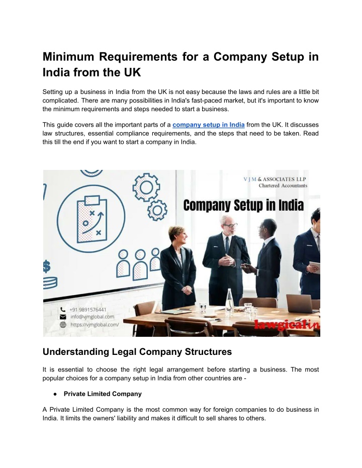 minimum requirements for a company setup in india