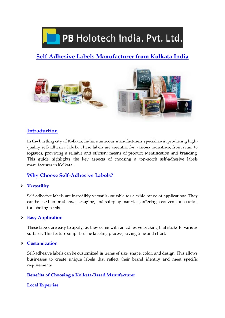 self adhesive labels manufacturer from kolkata