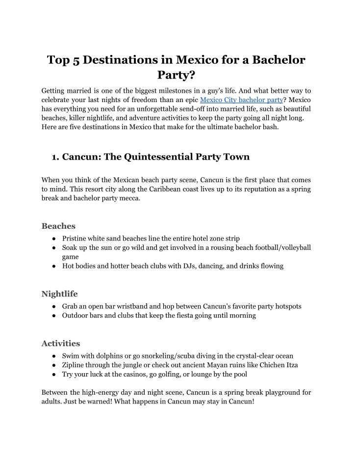 top 5 destinations in mexico for a bachelor party