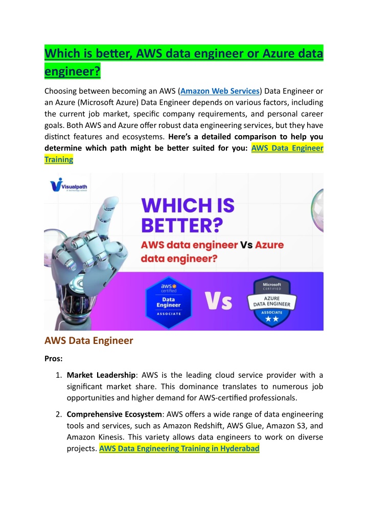 which is better aws data engineer or azure data