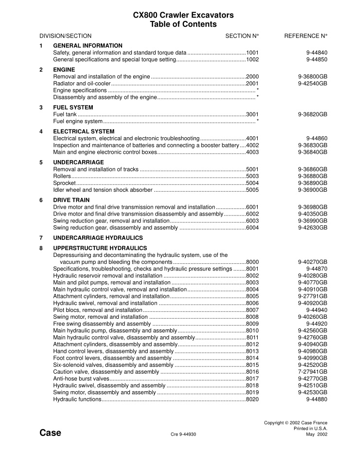 cx800 crawler excavators table of contents