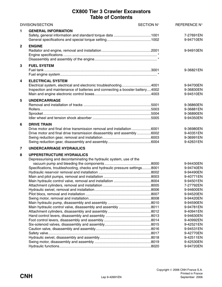 cx800 tier 3 crawler excavators table of contents