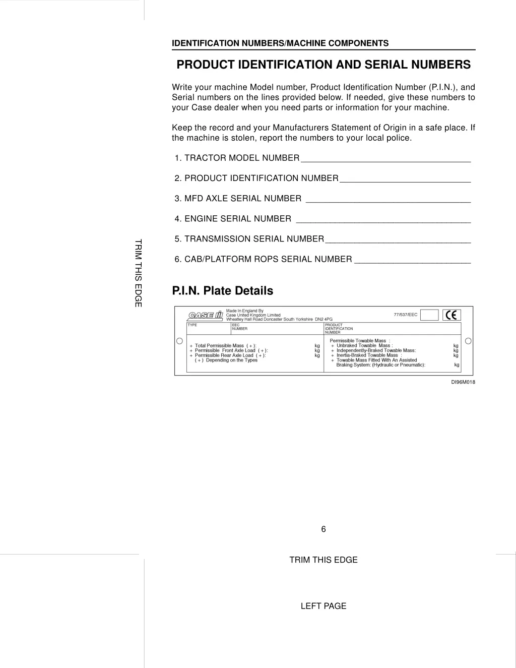 identification numbers machine components