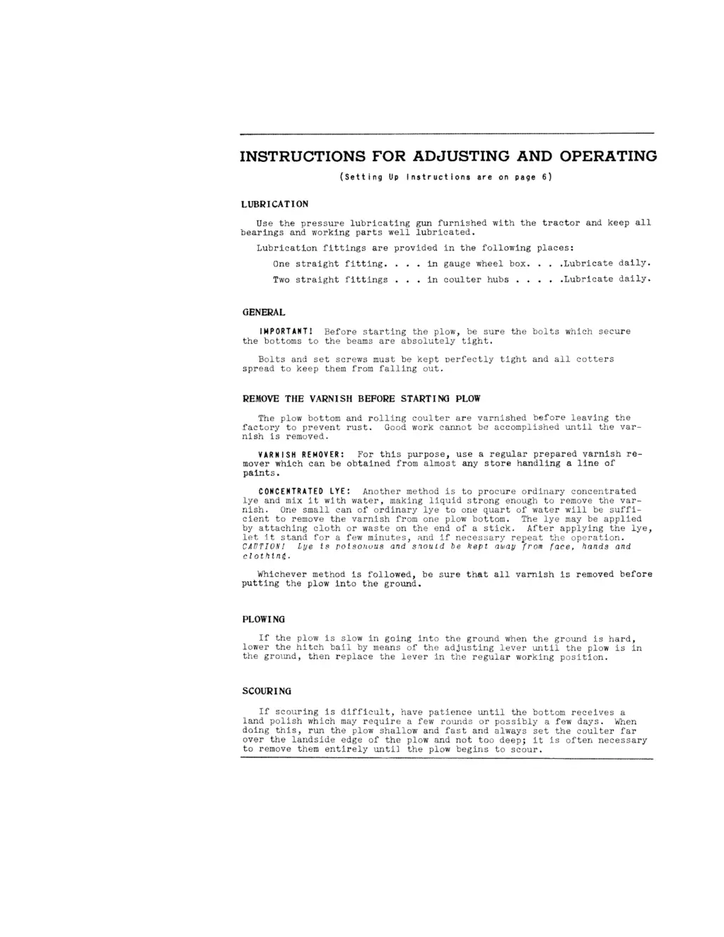 instructions for adjusting and operating setting