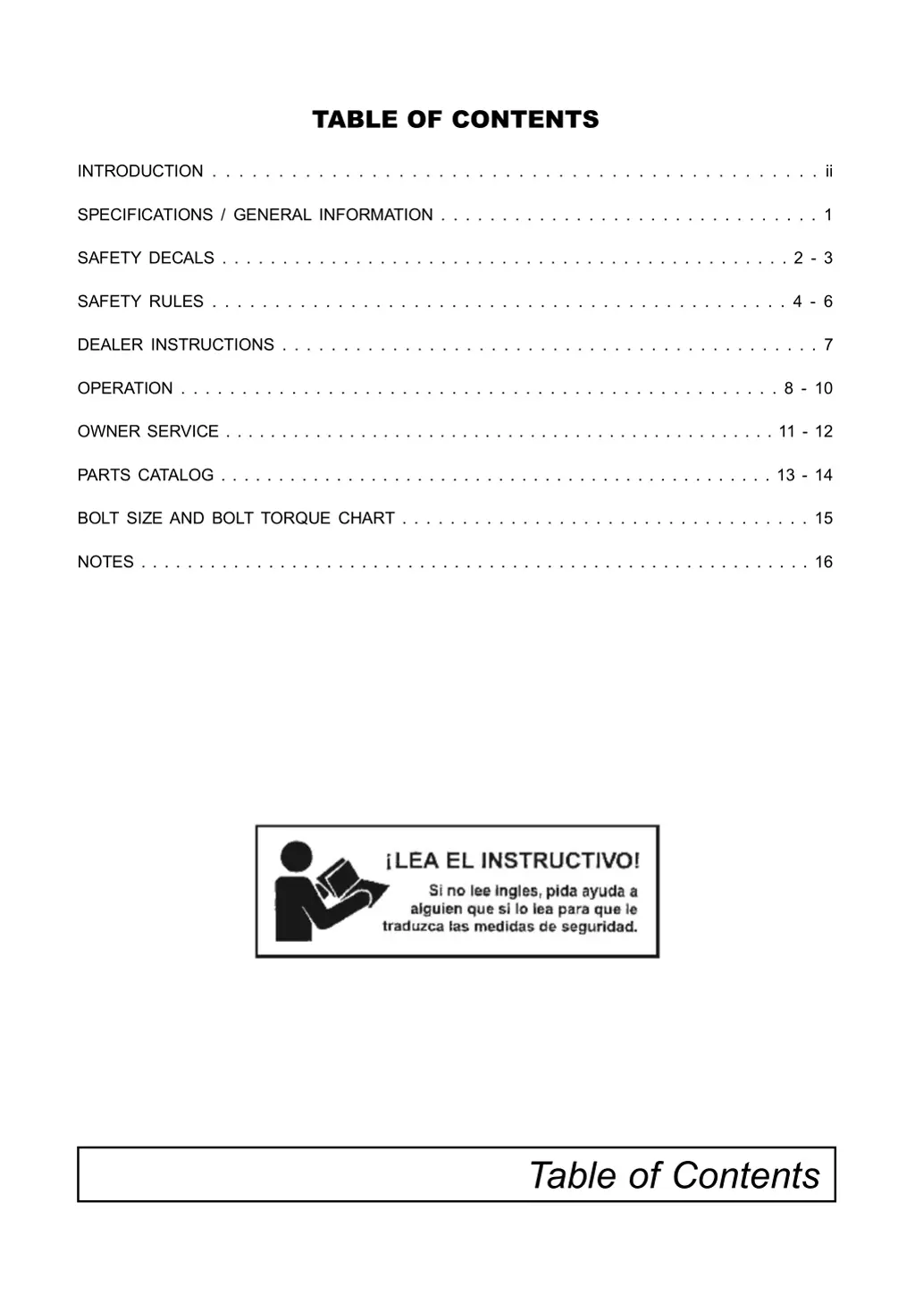 table of contents