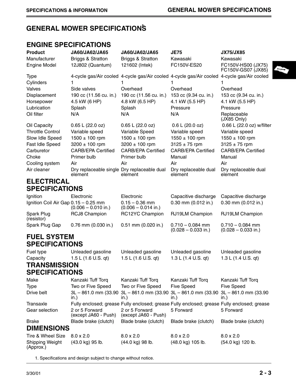 general mower specifications