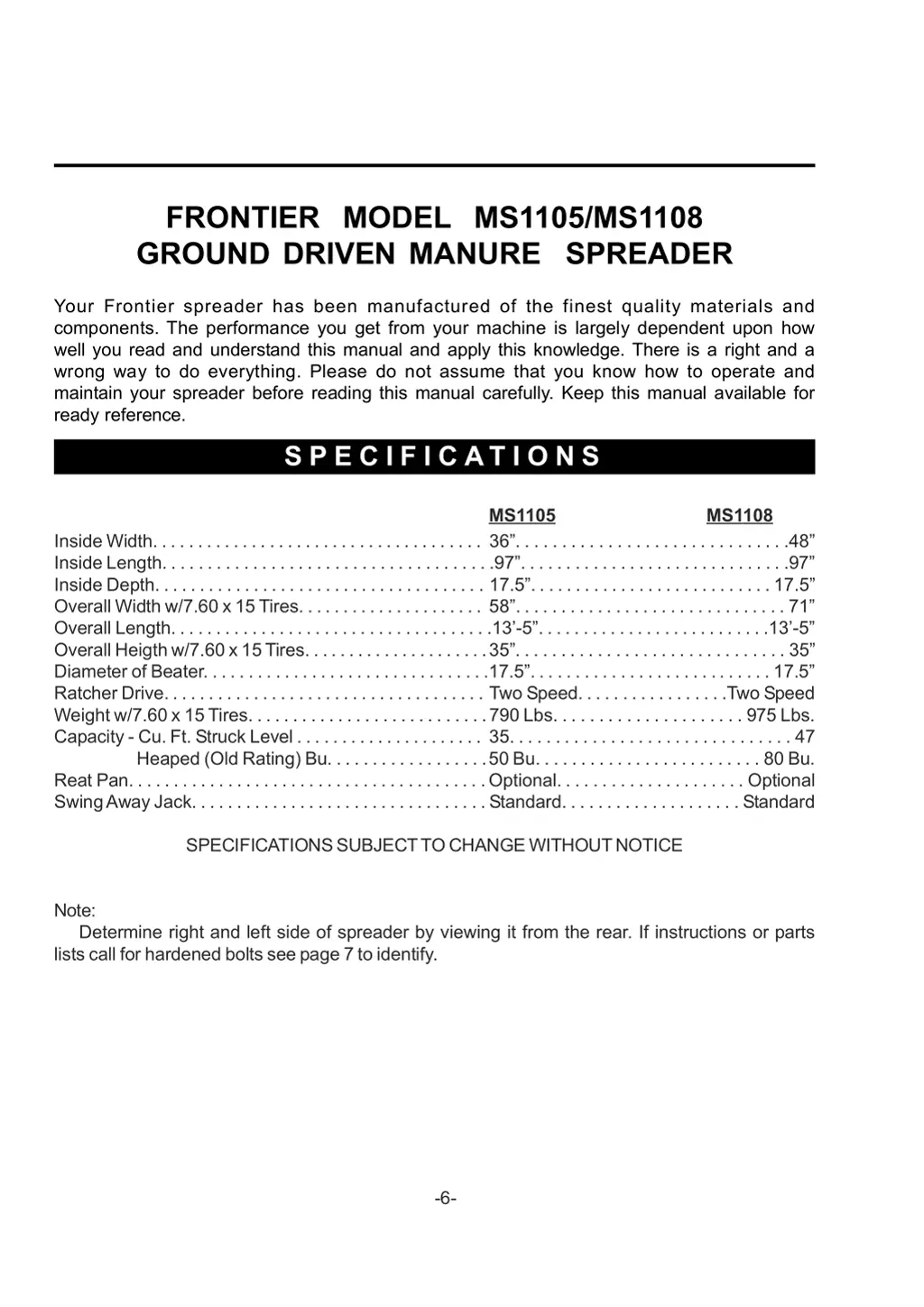 frontier model ms1105 ms1108 ground driven manure