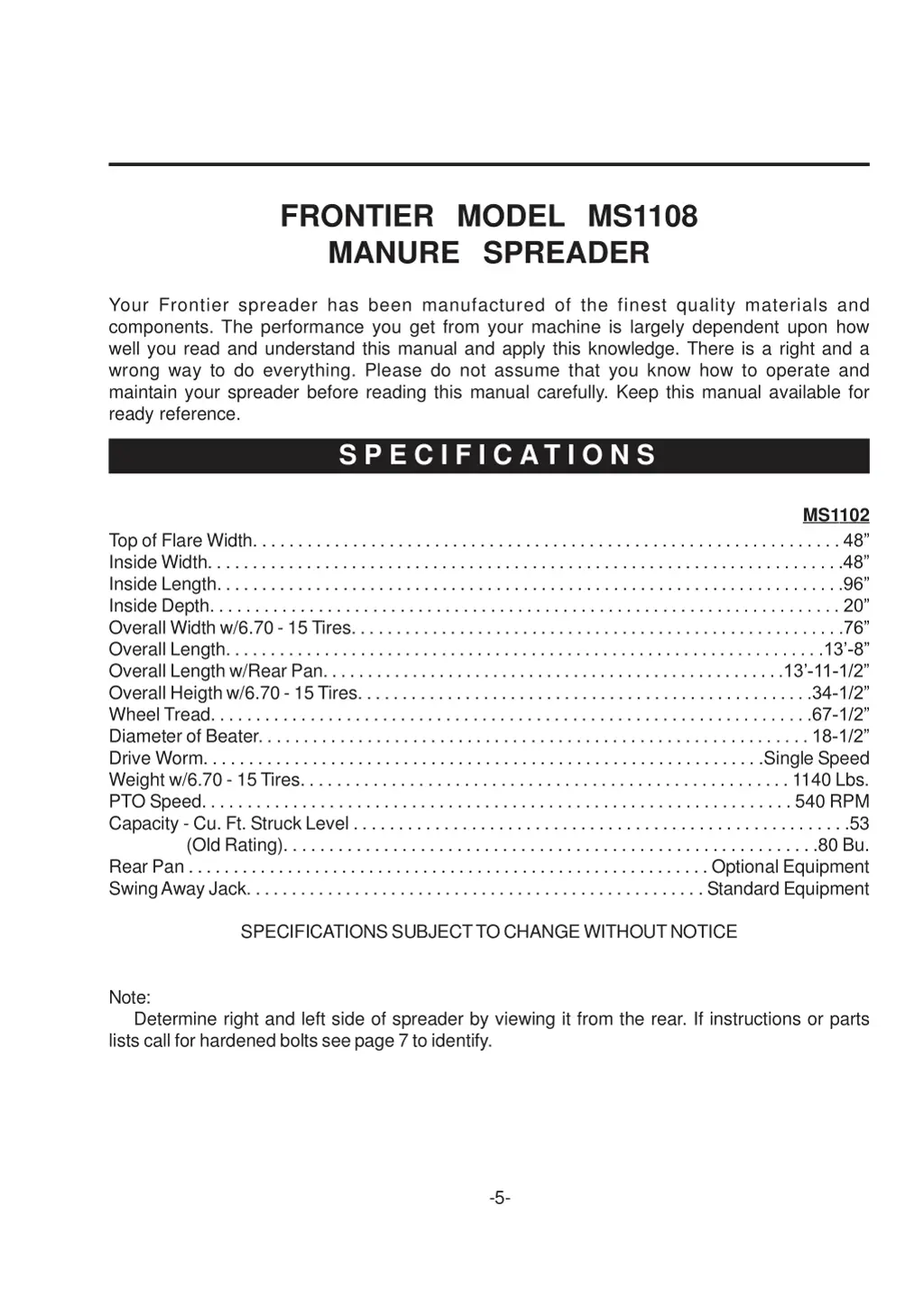 frontier model ms1108 manure spreader