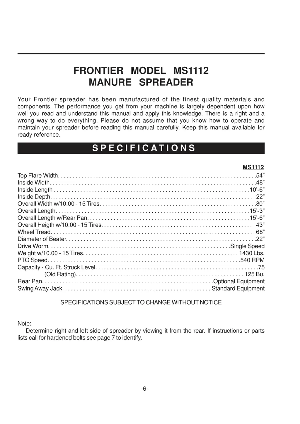 frontier model ms1112 manure spreader