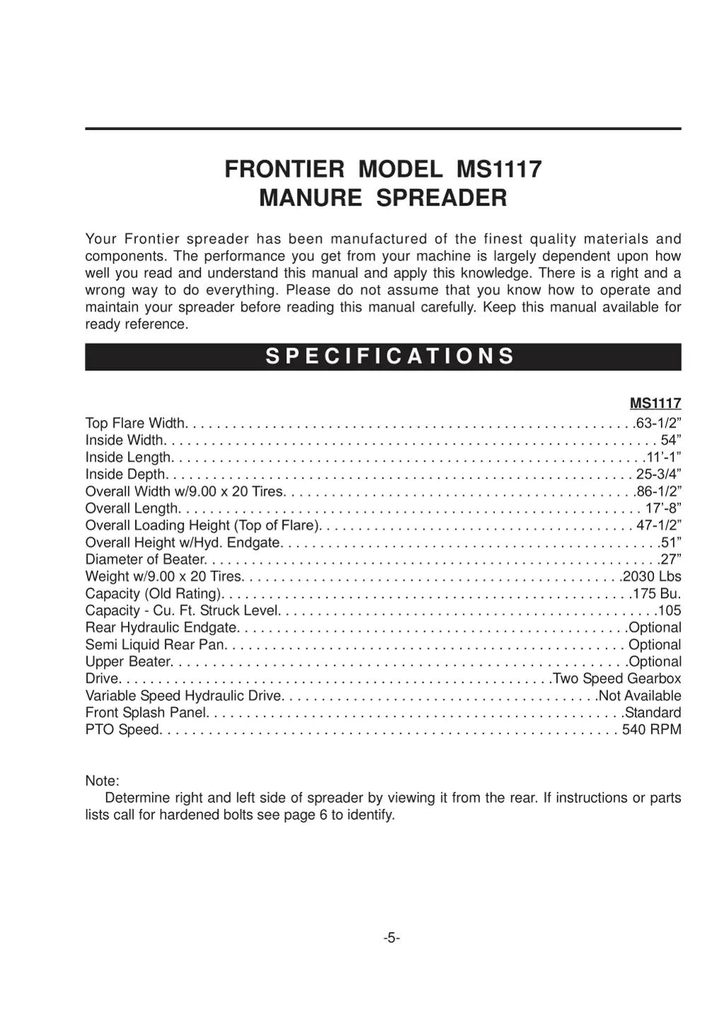 frontier model ms1117 manure spreader