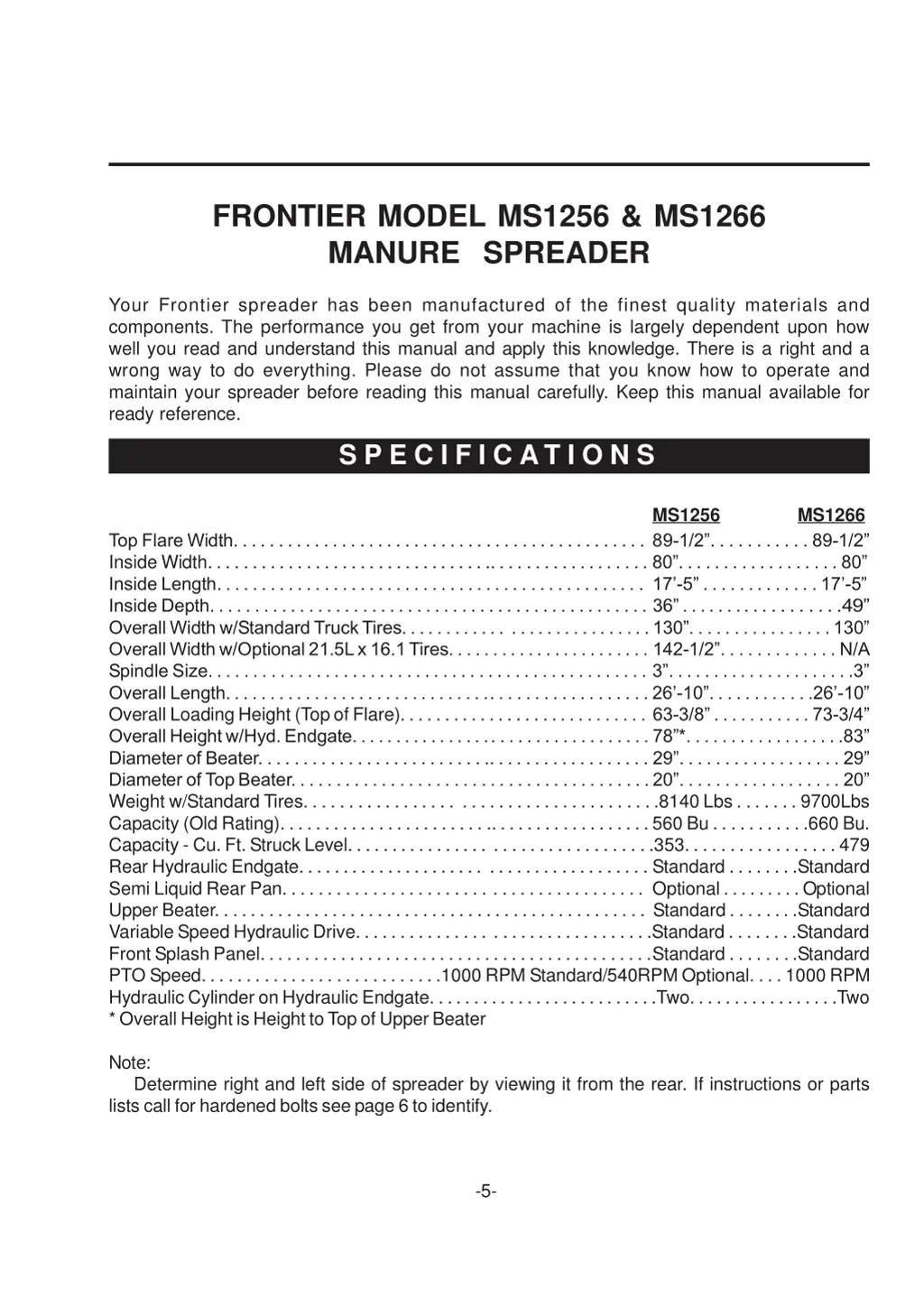 frontier model ms1256 ms1266 manure spreader