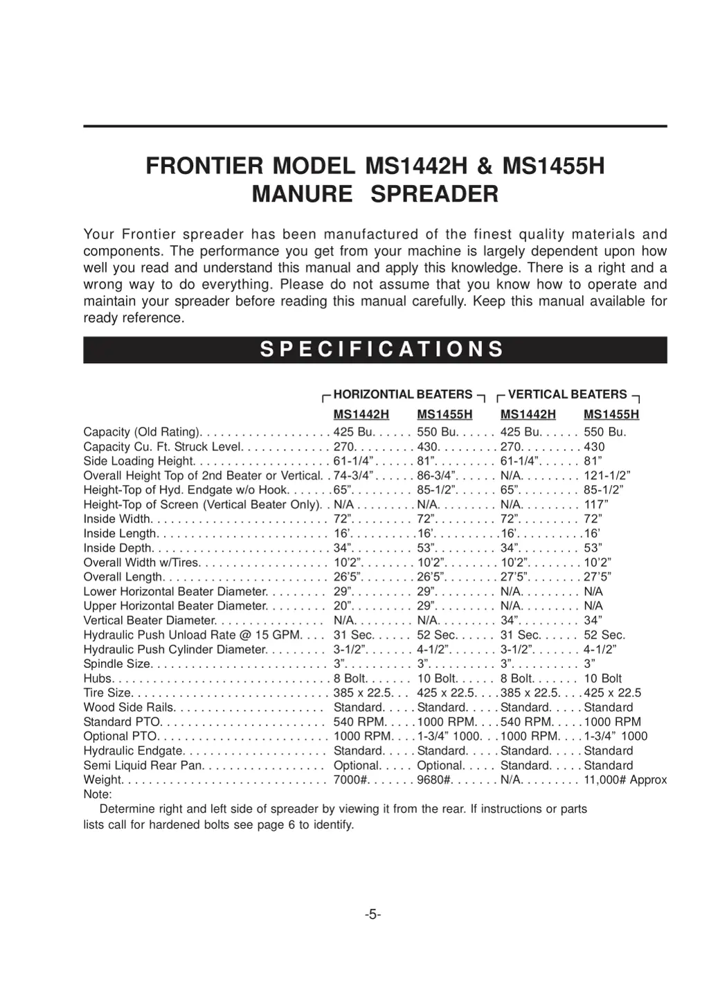 frontier model ms1442h ms1455h manure spreader