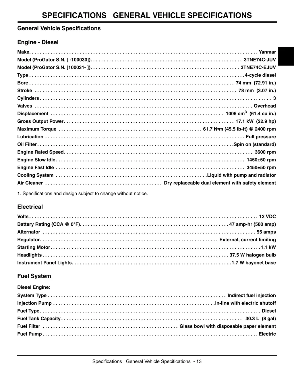 specifications general vehicle specifications