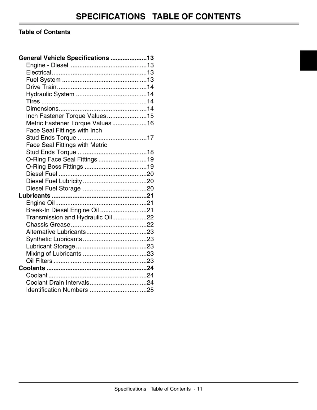 specifications table of contents