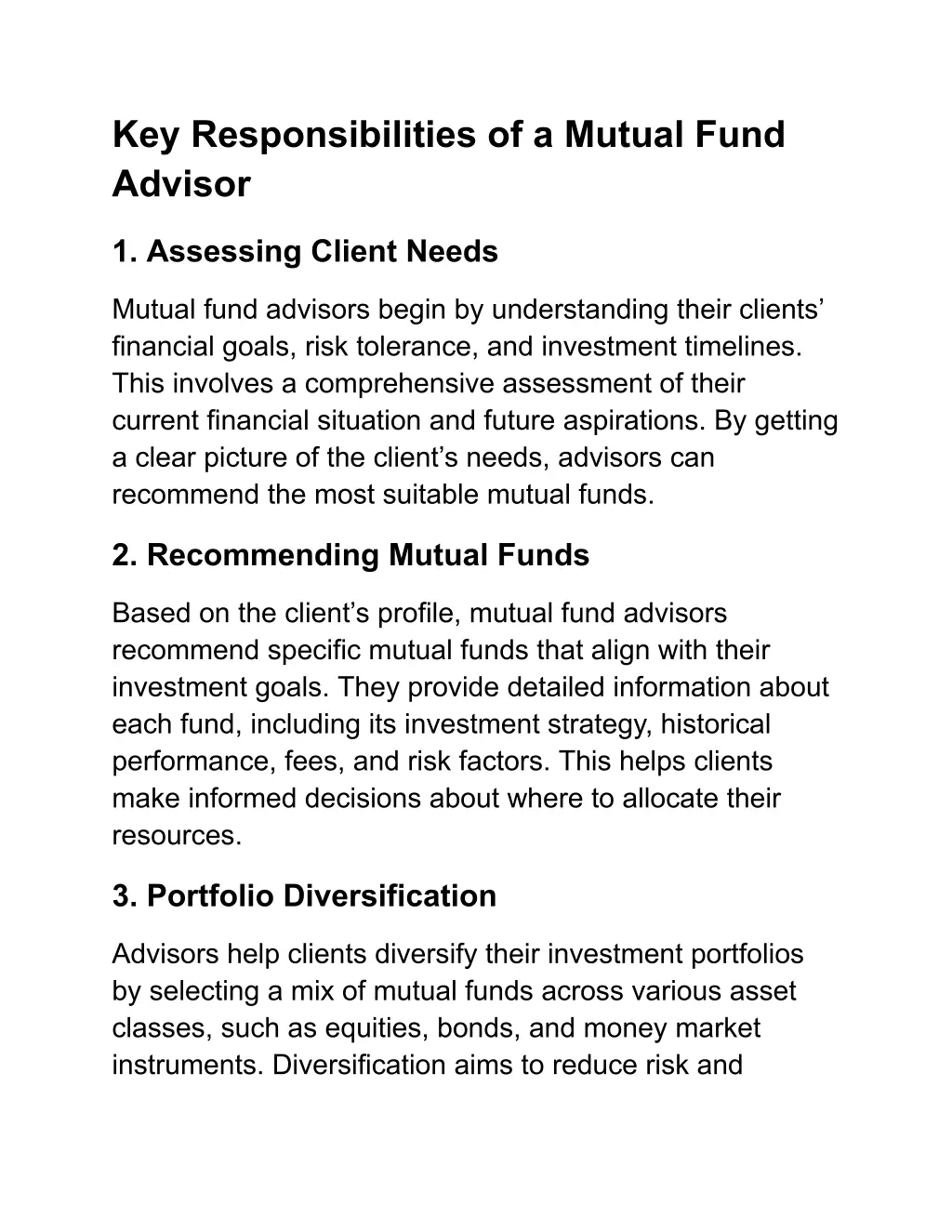 key responsibilities of a mutual fund advisor