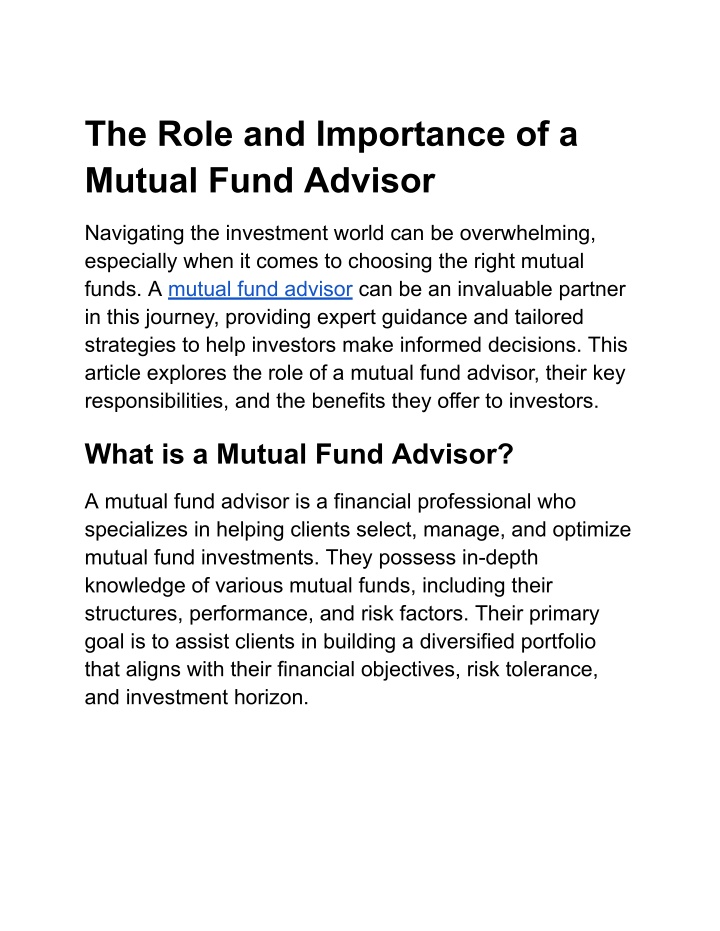 the role and importance of a mutual fund advisor