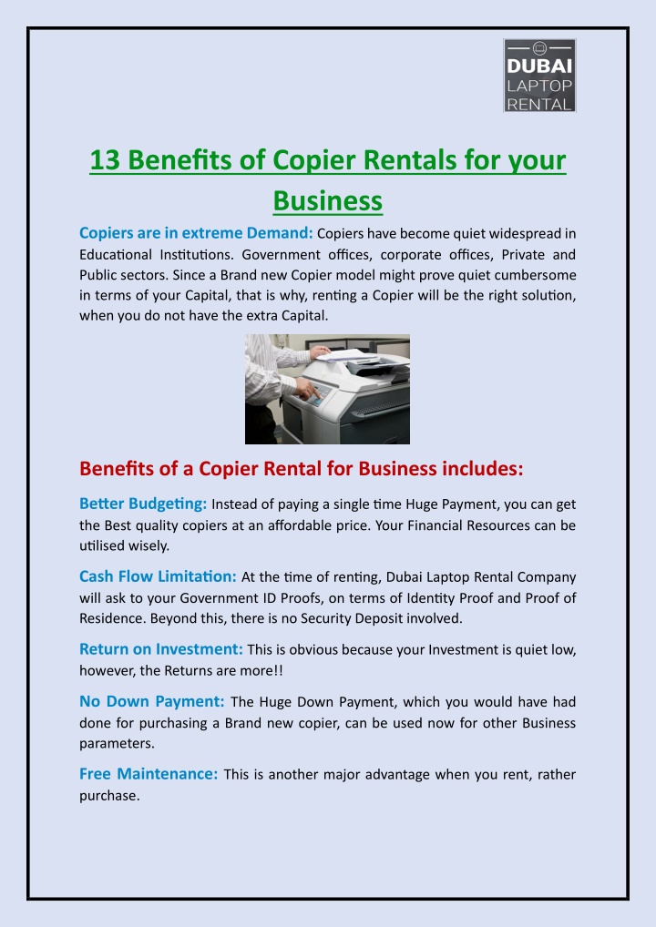 13 benefits of copier rentals for your business