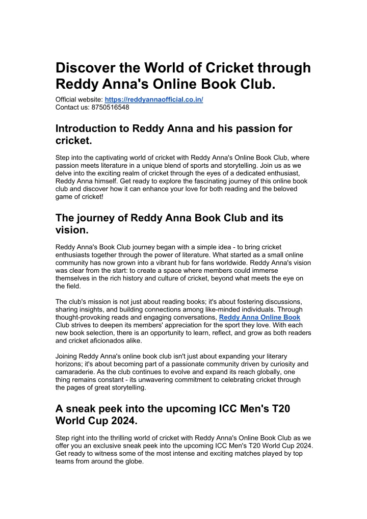 discover the world of cricket through reddy anna