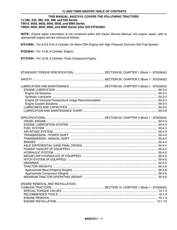 tj and t9000 master table of contents