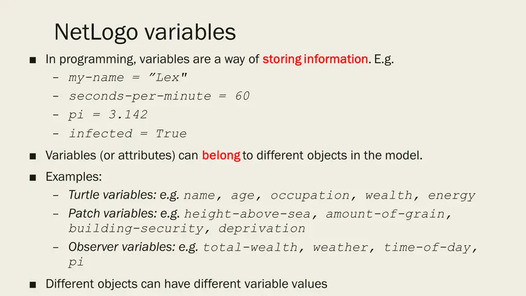 netlogo variables in programming variables