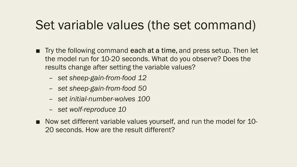 set variable values the set command